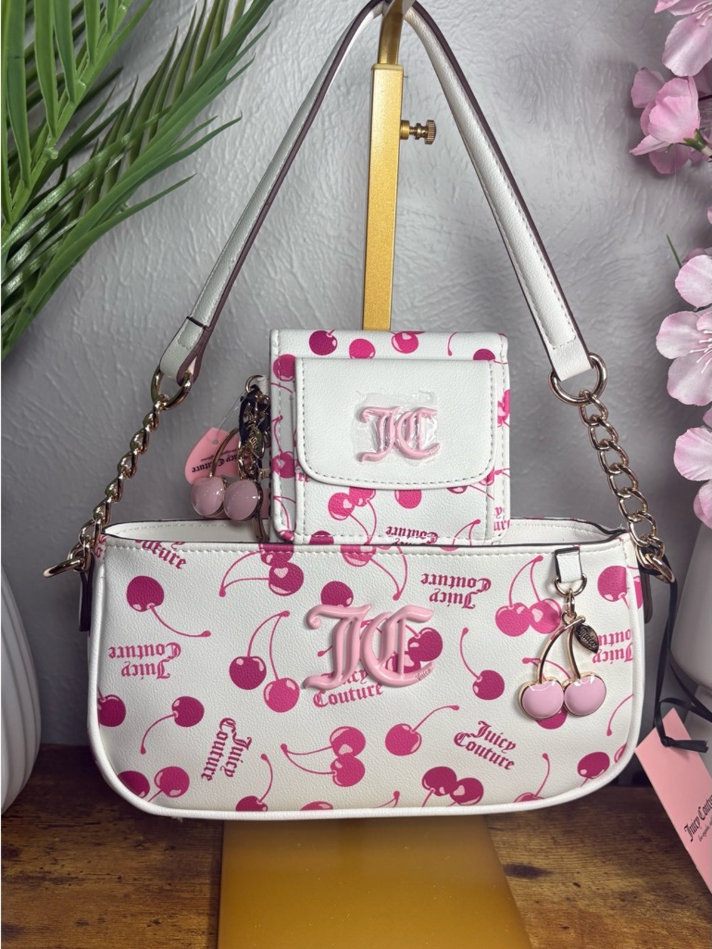 Juicy Couture White & Pink Cherry Print Mini Shoulder Bag with Wallet matching